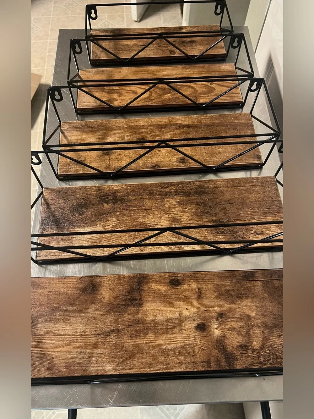 Rustic Brown Wood & Black Metal Wall Shelf Set of 5